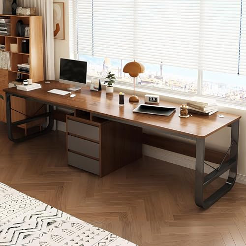 HCBHG Large Two Person Desk with Drawers, Double Gaming Computer Desk Workstation, Wood Writing Study Table, Long Desk for 2 People, for Home Office(Walnut,94.48in)