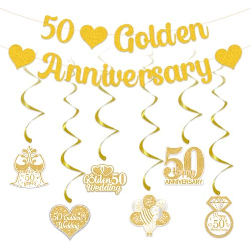 Gidobo 50th Golden Anniversary Decorations Set With Banner, 6 Pieces Hanging Swirls, Glittery Party Bunting for Couple Parent Celebration