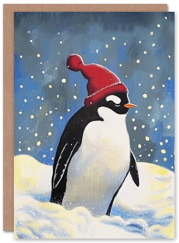 Artery8 Cute Penguin Winter Hat Snow Painting Blank For Him Or Her Art Xmas Festive Christmas Card