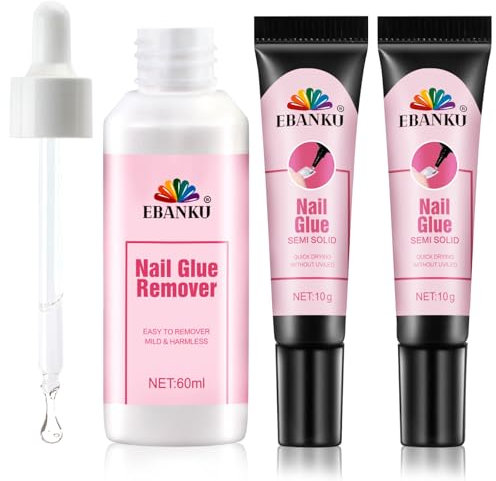 EBANKU Semi Solid Nail Glue Gel with 60ML Nail Glue Remover, Quick Drying Solid Super Strong Nail Glue No UV Lamp Needed, Press On Nail Remover Easy Removal Debonder for Glue on Nail Tips