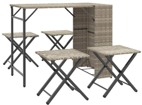 vidaXL Garten Essgruppe 5-TLG., Gartenmöbel Set Klappbar, Gartengarnitur Tisch 4 Hocker, Sitzgruppe für Camping Terrasse, Hellgrau Poly Rattan