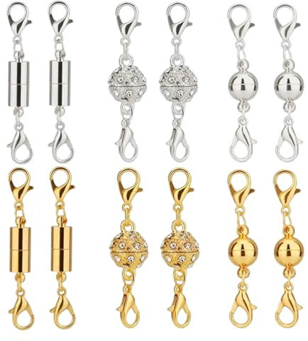 12 Stück Magnet Schmuckverschluss, Magnetische Karabinerverschlüss Magnet Kettenverschluss, 3 Stile Gold Silber Extender Magnetverschluss für DIY Armband Halskette(Strass Ball, Zylindrische, Ball Ton)