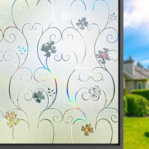 DIFIT Film Fenêtre Anti Regard 3D Effet Arc-en-Ciel 30x120cm, Motif Floral Film Occultant Fenêtre Décoratif Anti UV Film Electrostatique Vitre Vitrail Brise Vue Fenêtre pour Maison, Bureau