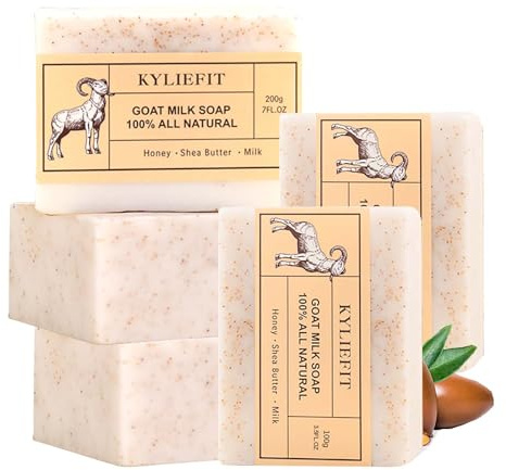 Natürliche Ziegenmilchseife mit Honig, Sheabutter, hellt, spendet Feuchtigkeit, Peeling, pflegt für weiche, gesunde Haut, verbessert stumpfe Haut, für Gesicht, Körper, Hände, 200 g (5 Stück)