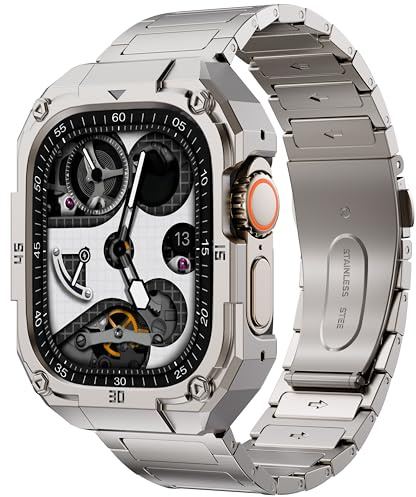 Robustes Edelstahl-Armband und Gehäuse, kompatibel mit 45 mm Apple Watch-Armband für Herren, robustes Metall-Gehäuse für Apple Watch, mit solidem Ersatzarmband für iWatch Band Serie 9, 8, 7, Titan