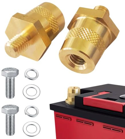 1 Paar Batteriepol-Adapter M8, Messing-Autobatterie-Anschlussklemmen, positive negative M8-Batteriepolklemme mit 2 Edelstahl-Schrauben und 4 Unterlegscheiben für Motorräder Autos Schiffe(COLOR:Gold)