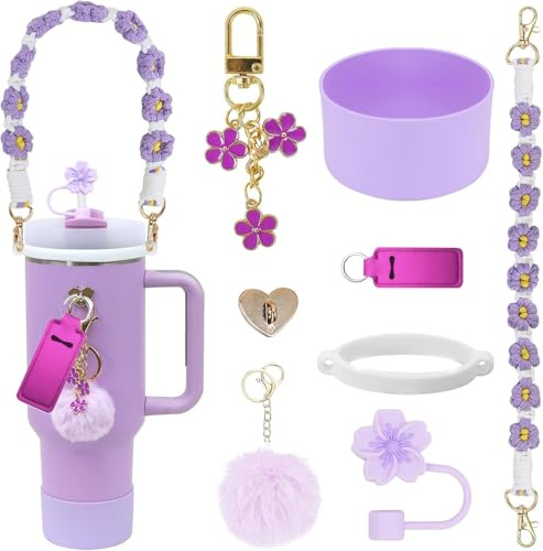 Stanley Cup Accessories Set, 8 Pcs Water Bottle Handle Strap, Silicone Cup Boot, Lipstick Holder, Keychain Charms, Straw Topper Accessories for Stanley Cup 30oz 40oz Tumbler (Purple)