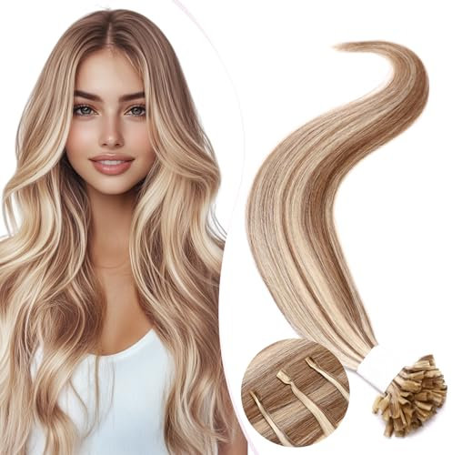 Elailite Extensiones Queratina Pelo Natural sin Clip #12P613 Castaño Dorado Mecha Rubio Muy Claro, 25 Mechas 25g U Tip Keratin Cabello Humano 50cm