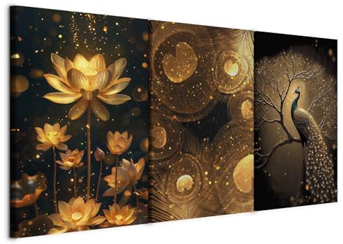murando - Set Struktur-Wandbilder 3 tlg Wanddeko Collage 3er 180x90 cm (je 60x90 cm) – Leinwandbild für Wohnzimmer und Schlafzimmer - Die Zauberwelt des Orients - Pfau und Seerosen b-C-10465-b-a