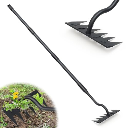 Manual Weeder Tool,6 Tines Garden Weeding Rake with Sharp Blade,55 Inch Long Handle,Heavy Duty Stand Weeding Tool for Weeding Loosening Soil Gathering Leaf Leveling Thatch Rake