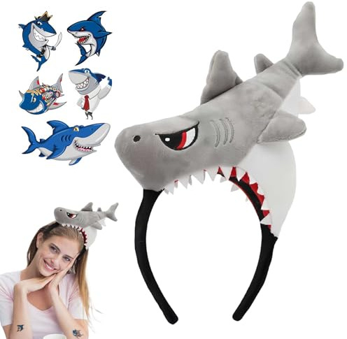 Hai Kopfband Plush Hai Hut Haifisch-Stirnband Haifisch Hai Kostüm Zubehör – Lustiger Hai Haarreif mit Tattoo Sticker – Weiches Material – Leicht und Bequem – Für Damen und Herren