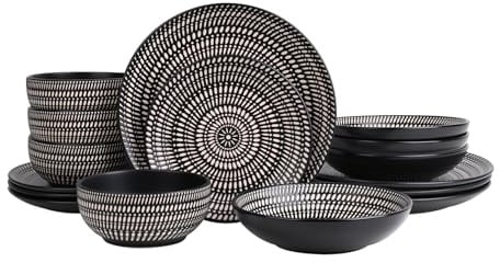 Waterside 16pc Black and Beige Stoneware Dinner Set; 4 Dinner Plates, Side Plates, Soup Bowl & Deep Bowls - Dishwasher & Microwave Safe