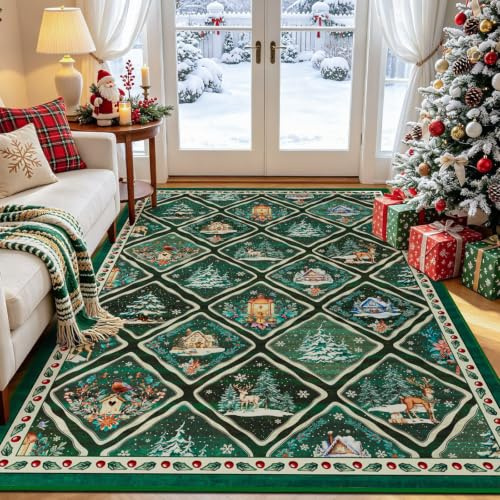 GEANUP Grün Weihnachtsteppich für Wohnzimmer 120 x 180 cm Waschbar Teppich | Weihnachten Schlafzimmer rutschfest,Weicher Kurzflor Küchenteppich für Esszimmer Kinderzimmer Büro Festtagsdekoration