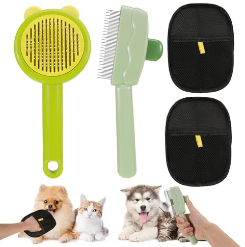 Fellblitz Bürste Katze, 2 Stück Selbstreinigende Katzenbürste mit Edelstahlkamm+2 Stück Tierhaarentferner Handschuh, Katzenhaarentferner für Hunde Katzen, für Sofas, Bettwäsche, Teppich