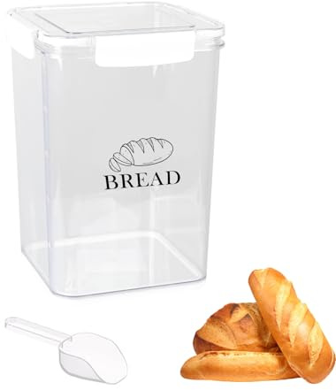 Hynorian Brotbox Aufbewahrung aus PET mit 4 Clips und Skala bis 5 L | Toastbox transparent, mit Wänden und Messlöffel für Toast, Brötchen, Bagels oder Gebäck, griffbereit im Küchenschrank