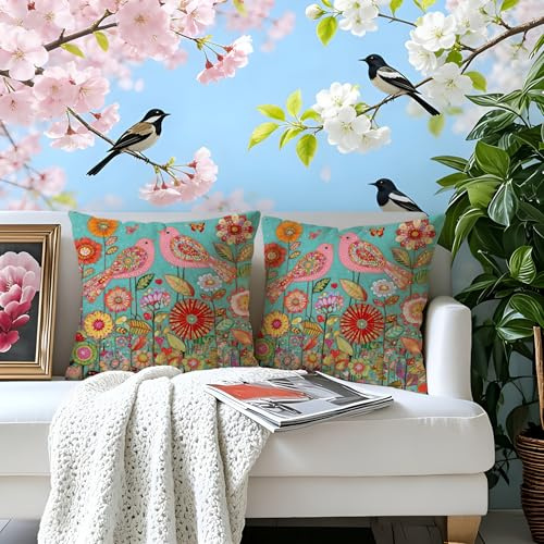 Gnoxaris Outdoor Kissenbezug Wasserfest Outdoor Kissen Wetterfest Dekorative Gartenkissen 45x45 cm Vögel und Blumen Wasserdicht Kissenbezüge 2er Set für Garten Sofa Wohnzimmer Bett