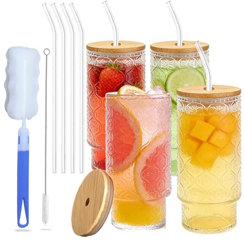 Dazhtu 4 Stück Trinkgläser Set mit Glas Strohhalm 320 ml,Trinkglas mit Deckel, Eiskaffee Gläser, Longdrinkgläser Set, Kaffeegläser, Wassergläser, Biergläser für Cocktail, Wasser, Soda, Cocktails