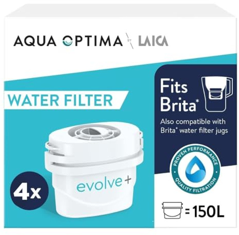 Aqua Optima Evolve+ - Cartucce filtranti per acqua, confezione da 4, compatibili con caraffe Brita e alternativa per filtri Maxtra*, riduce calcare, cloro e altre impurità
