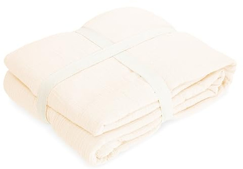 Musselin Decke 130x180 cm – Kuschelige Wohndecke mit weicher Fleece-Rückseite – 100% Baumwolle Vorderseite – Atmungsaktiv & Warm – Ideal als Sofadecke & Tagesdecke (Creme)