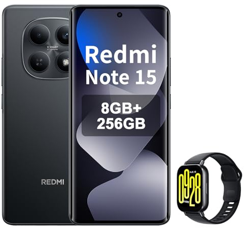 XIAOMI REDMI Note 15 4G Smartphone 8+256GB, Schermo AMOLED FHD+ 6,77, MediaTek Helio G100-Ultra, fotocamera da 108MP, batteria da 6000 mAh, nero, incluso Smart Watch