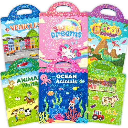 cabaro 6er Pack 3D Wiederverwendbares Stickerbuch 300+ Sticker ab 3 Jahre | Wasserdichte und Reißfeste Aufkleber Kinder, Reisespiele für unterwegs, Stickerheft, Geschenk für Mädchen Jungen