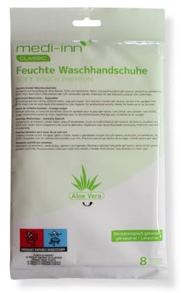 Medi-Inn+ Feuchte Einmalwaschhandschuhe | Soft Touch Premium Einmalwaschlappen | mit Aloe Vera (12 x 8 = 96 Stück)