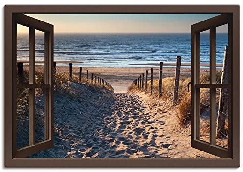 ARTLAND Wanddeko Leinwand Bilder Wandbild 130x90 cm Fensterblick Fenster Strand Düne Meer Maritim Landschaft Küste Natur T6BW