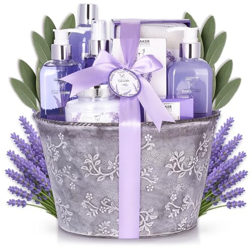 BRUBAKER Cosmetics Bade- und Dusch Set Lavendel Duft - 9-teiliges Geschenkset im Vintage Pflanzkübel