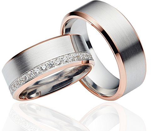 JC Trauringe Silber 925 Paarpreis Eheringe Rotgold Weißgold Plattiert I Partnerringe mit kostenfreier Gravur + Etui I 2 Hochzeitsringe Herrenring ohne & Damenring mit Stein I LC10-R
