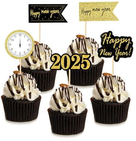 HOWAF 25 Stück Silvester Party Deko 2025 Happy New Year Tortendeko Silvester Cupcake Toppers Kuchen Dekorationen für Neujahrsdeko Silvester Tischdeko