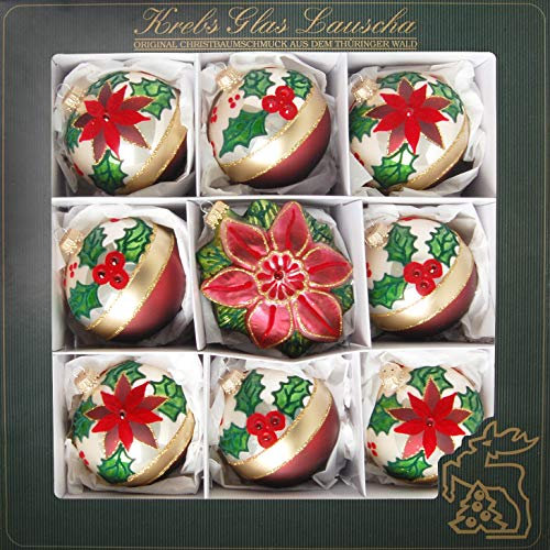 Krebs Glas Lauscha - Weihnachtsdekoration/Christbaumschmuck aus Glas - Weihnachtskugeln - Motiv: Weihnachtsstern Old England - 9 Stück - Größe: ca. 8 cm