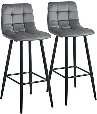 CLIPOP Barhocker aus Samt mit Lehne, Barstuhl 2er Set, Bar Stool, Bar Stühle für Bartheken, 66 cm Sitzhöhe, Grau