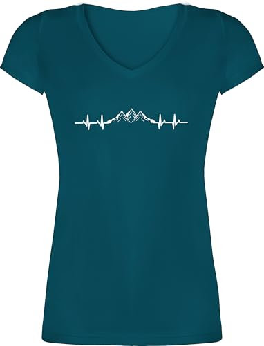 T-Shirt Damen V Ausschnitt - Skiurlaub Apres Ski - Berge Herzschlag I Geschenk Bergliebhaber I Bergliebe - M - Türkis - Shirt wandern Frau skishirts valemtinstagsgeschenk Berg Tshirt skishirt