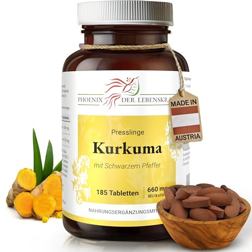 Kurkuma + Schwarzer Pfeffer Tabletten à 660 mg Pflanzenstoff, 185 Tabletten (Curcuma longa, Curcumin + Piperin), Tabletten statt Kapseln