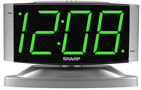 Sharp Digital Alarm Clock with Swivel Base, Green LED, Dimmer, Silver