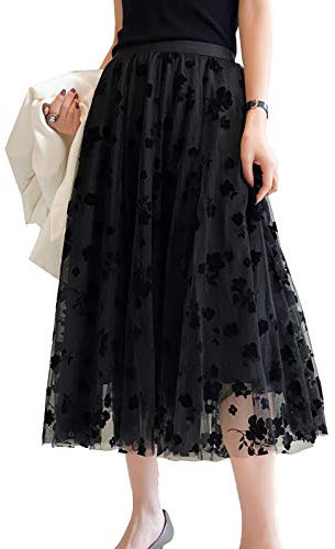 Damen Tüllrock Falten Rock Höhe Taille A Line Mesh Freizeit Spitze Midi Röcke (Blumen-Schwarz)