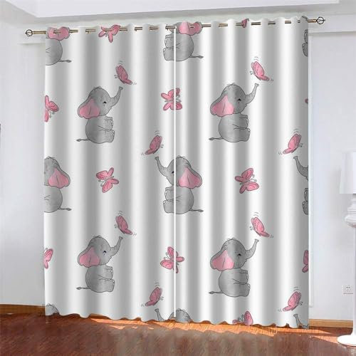 HULKAY Rosa Dumbo Thermovorhänge 2-teilig Bedruckte Polyester Gardine für Schlafzimmer, Wohnzimmer 117x138 cm x 2 Stück