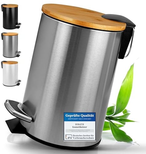 HIBATH® Kosmetikeimer aus Edelstahl mit Bambusdeckel (3 Liter, silber) - Badezimmer Abfalleimer mit Absenkautomatik - Praktischer Mülleimer - WC-Treteimer