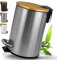 HIBATH® Kosmetikeimer aus Edelstahl mit Bambusdeckel (3 Liter, silber) - Badezimmer Abfalleimer mit Absenkautomatik - Praktischer Mülleimer - WC-Treteimer