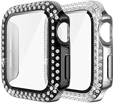 Yolovie (2-Stück) Kompatibel für Apple Watch 40mm Hülle für SE Serie 6 5 4 Gehäuse mit Displayschutzfolie aus gehärtetem Glas, Bling Cover Diamonds für iWatch Girl (40mm Schwarzes/Silber