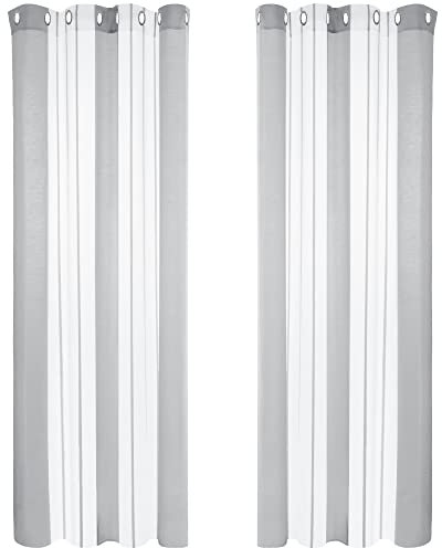 Deconovo Voile Vorhänge mit Ösen, Vorhangschal Transparent Boho Streifenmuster, Fensterschal Schlafzimmer in Leinenoptik, 175x140 cm(HöhexBreite), Hellgrau, 2er Set