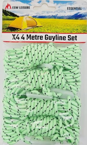 ESW LEISURE Guyline Ropes 4 Pack For Tents Awning Camping Strong Lightweight Paracord Guy Rope With Tensioner Guy Lines Fishing Umbrella Caravan Gazebo (Glow In The Dark, 4 Metre XL 4 Pack)