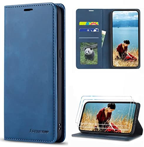 FMPCUON Hülle Kompatibel mit Samsung Galaxy A81 / Note 10 Lite,Panzerglas Schutzfolie *2,Handyhülle Tasche Premium Leder Wallet Flip Case Brieftasche Etui Schutzhülle Stand Schale Cover,Blau