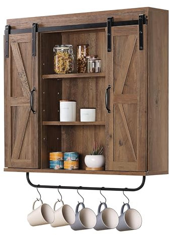 RUSTOWN Rustic Wood Wall Storage Cabinet with Two Sliding Barn Door, 3-Tier Decorative Farmhouse Vintage Cabinet for Kitchen Dining, Bathroom, Living Room, Rustic Oak