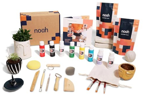noah Pottery Kit for Beginners - Set Includes Air Dry Clay, Tool Kit and Acrylic Paints - Craft Set (White Clay/Primary Paint)