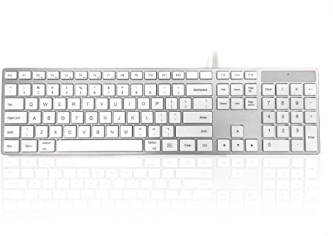 Accuratus 301 MAC US English - USB-C Wired Full Size Apple Mac Multimedia US English Keyboard with White Square Tactile Keys and Silver Case