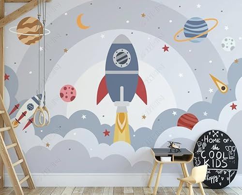 Fototapete 3D Effekt Cartoon Weltraum Universum Planet Rakete Kinderzimmer Vliestapete Wohnzimmer Schlafzimmer Wanddekoration Tapete Wandbild 200Cm(W)*140Cm(H)