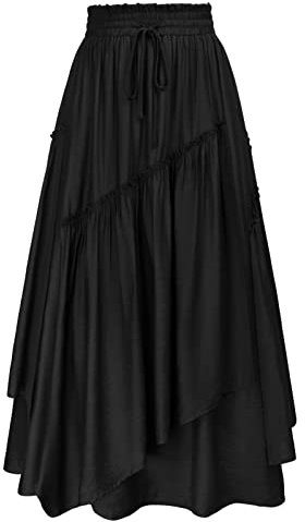 Renaissance Damen Maxirock mit Tasche Plissierter Rock Elastische Hohe Taille Vintage Röcke XL Schwarz