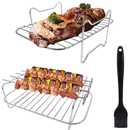 2 Pcs Air Fryer Rack, 304 Stainless Steel Double Layer Rack Kitchen Air Fryer Accessories, with 4 Skewers and Brush Air Fryer Rack Suitable for Double Basket Air Fryer, Roasting Oven, Microwave