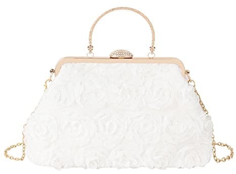 MilyaDE Damen Clutch Blumen Elegante Brauttasche Hochzeit Party Kleidertasche Abendtasche Handtasche mit Kette Handgriff Kiss Lock, Weiß